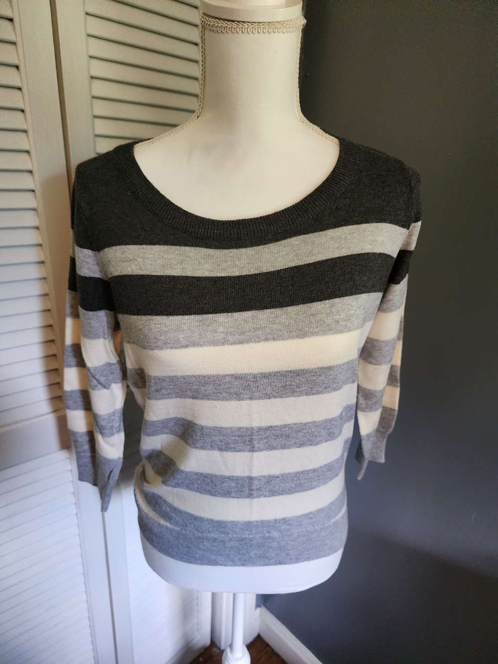 Jcpenney Striped Crewneck Sweater in Gray and Cream Petite 3/4 Sleeve